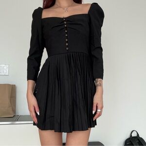 The Kooples Black Square-Neck Pleated Mini Dress with Button Front